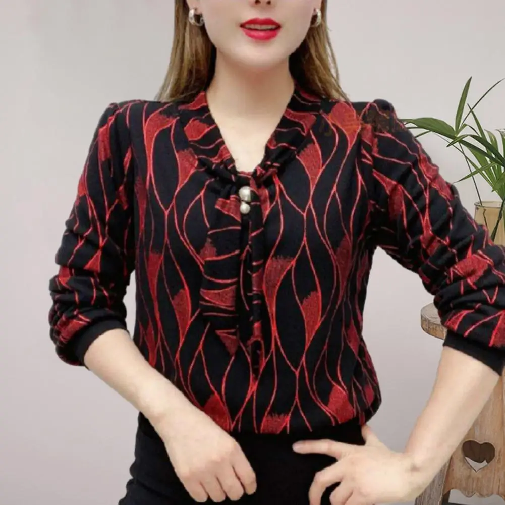 

Women Shirt Stylish Women's V-neck Tie Shirt with Long Sleeves Faux Pearl Detailing Loose Fit Blouse Design Plus Size Streetwear