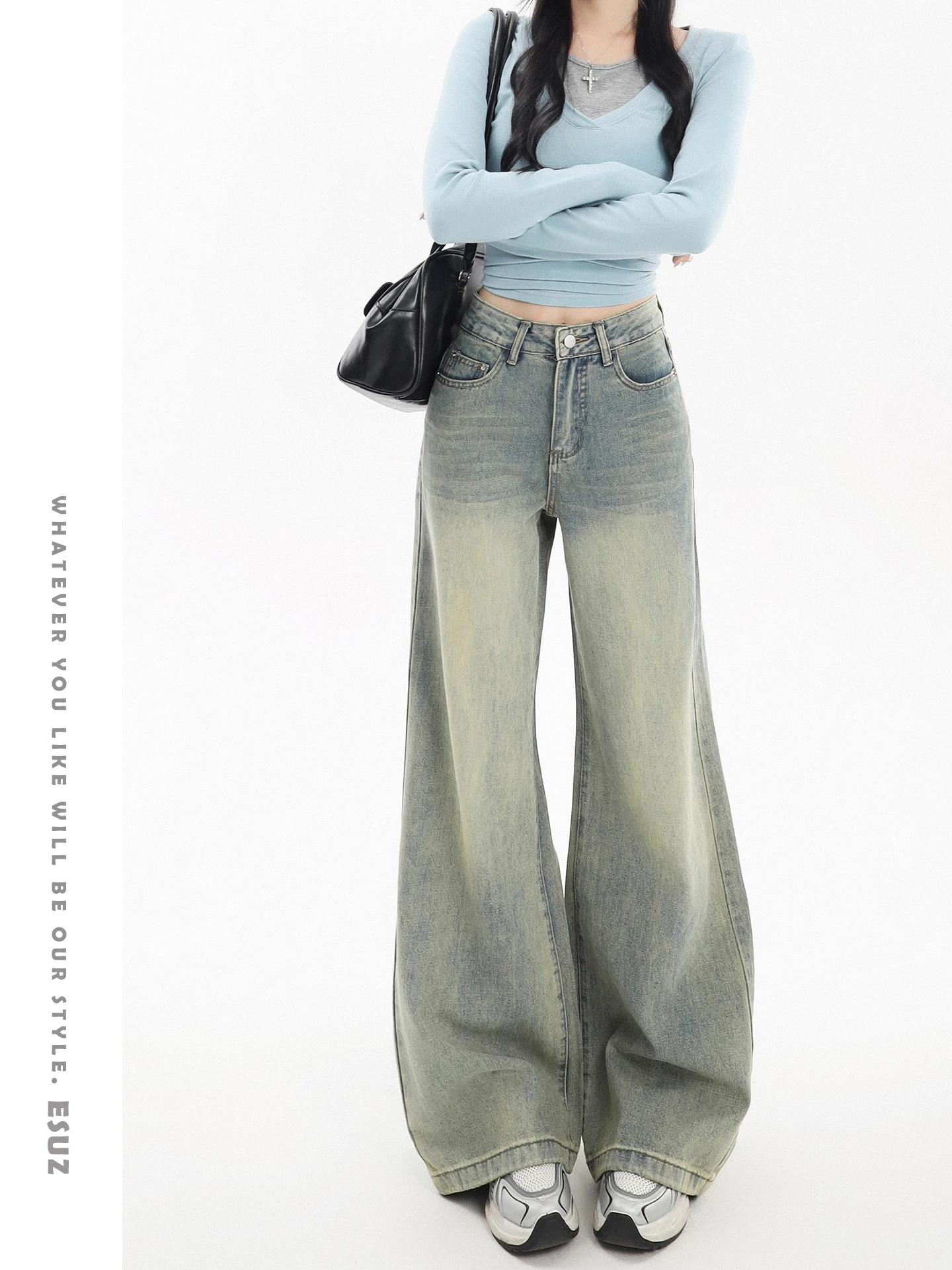 

Offcat American Style Fleece Lined Loose Women's Jeans Bell Bottom High Waist Casual Cotton Blend Denim Vintage Washed