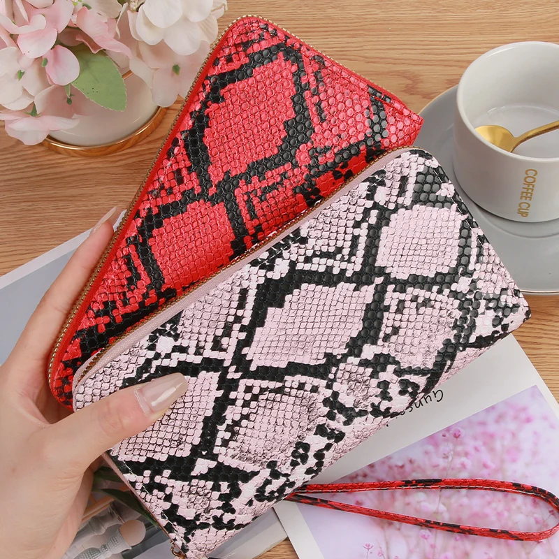 Women's Snake Skin Wallet Fashionable Multi Card Large Capacity Single Zipper Medium Length Wallet Handbag