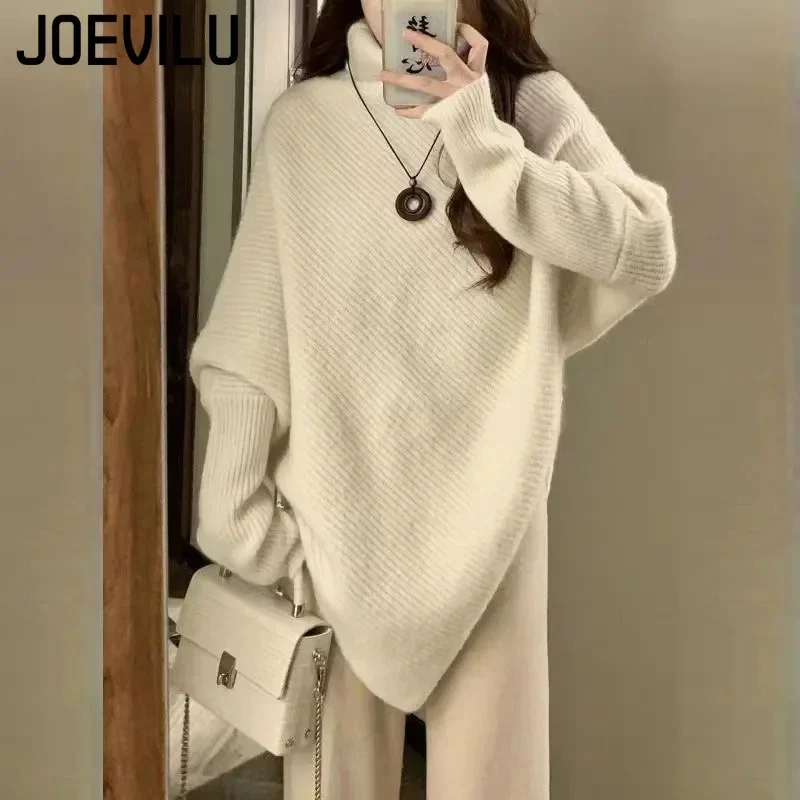 JOEVILU maglione a collo alto da donna irregolare sciolto maglia Top caldo maglione Casual moda coreana stile pigro Pullover di colore solido