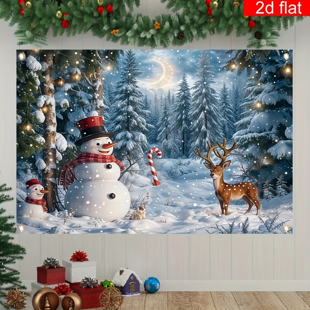2D Flat, 1pc Festive Christmas Snowman & Reindeer Winter Wonderland Banner - Polyester, No Electricity Needed, Ideal for Home &