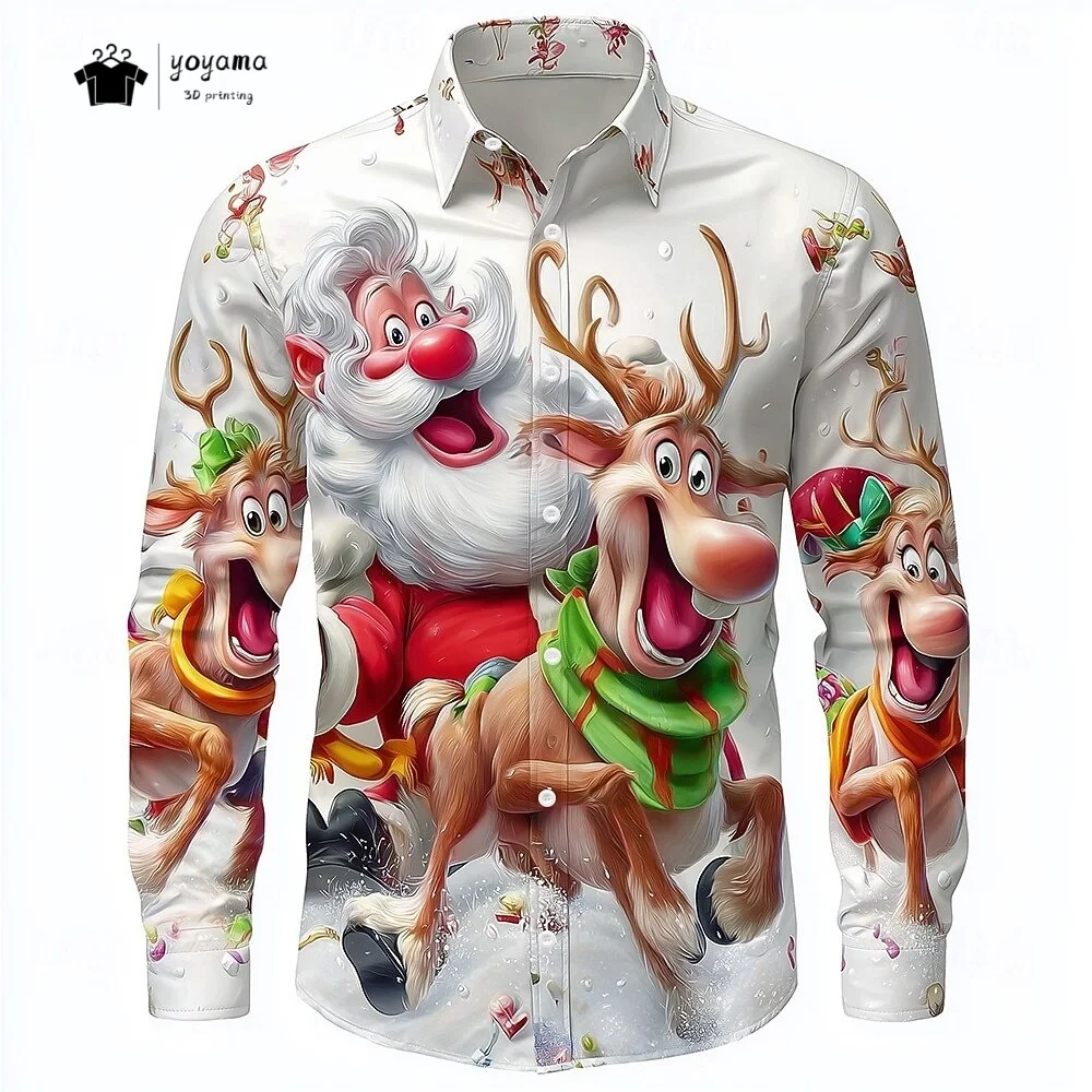 

Christmas Men's 3D Graphic Long Sleeve,Street Style Fashion,Cartoon Santa Claus Reindeer Prints Design,2025 Fall Casual Shirt