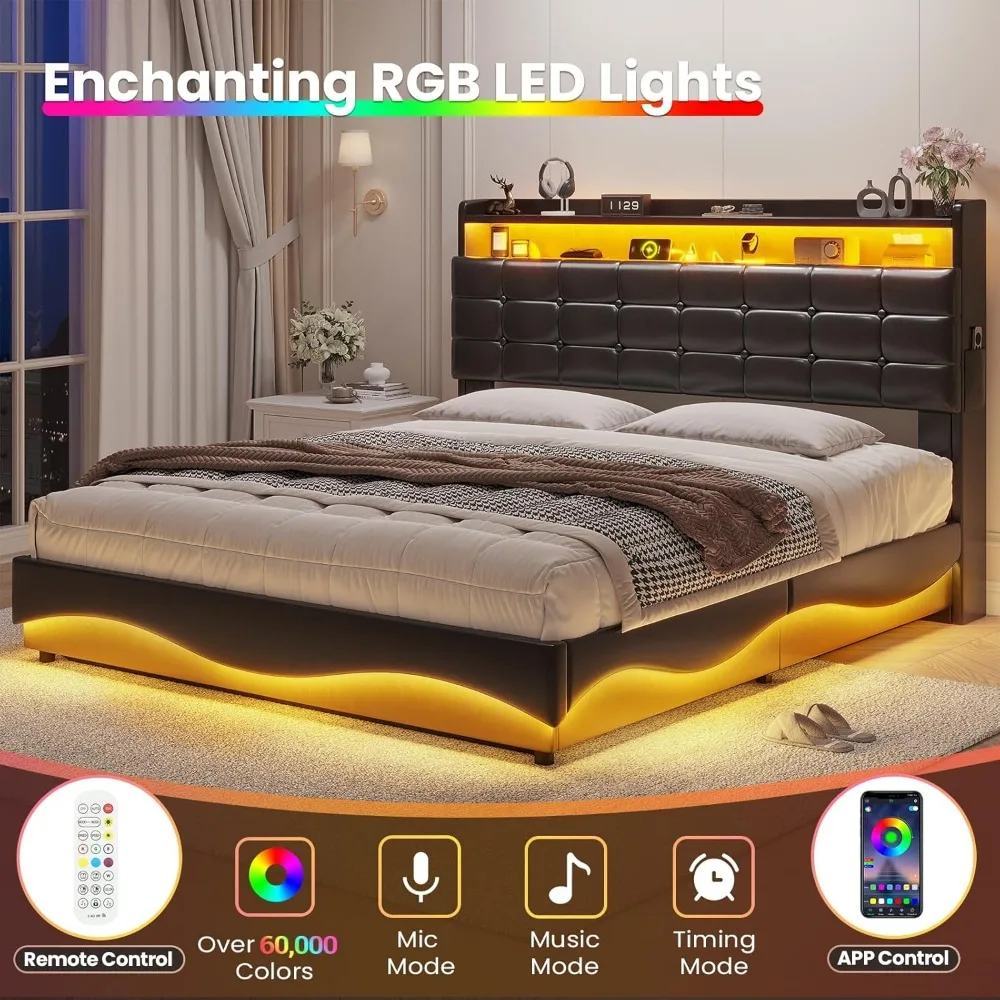 Lift Up Storage Queen Bed Frame with Type-C Charging Station&Hidden Storage Headboard, Lights Upholstered Platform Bed,Queen Bed image 3