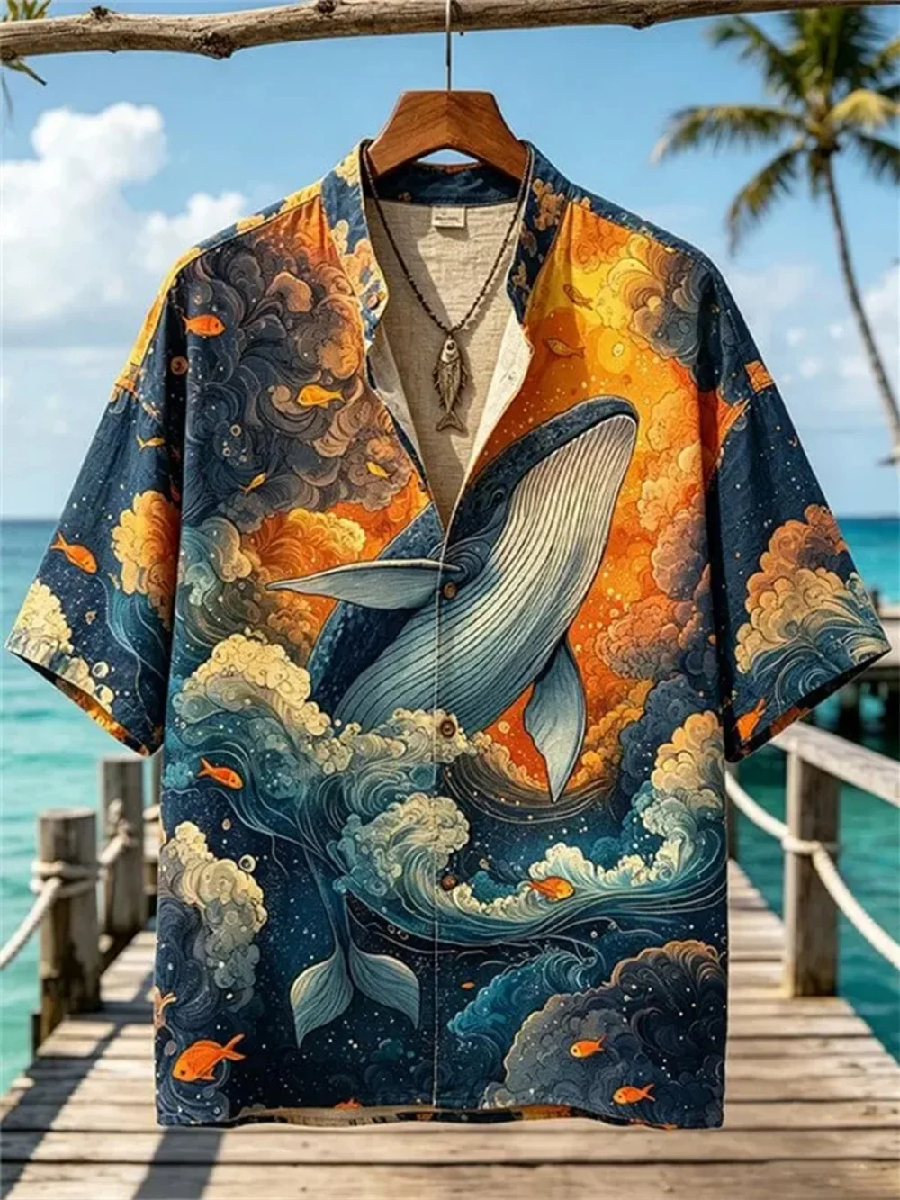 Men's 3D Whale Wave Printed Hawaiian Shirt Summer Short Sleeved Stand Up Collar Button Beach Shirt Casual Men's Wear