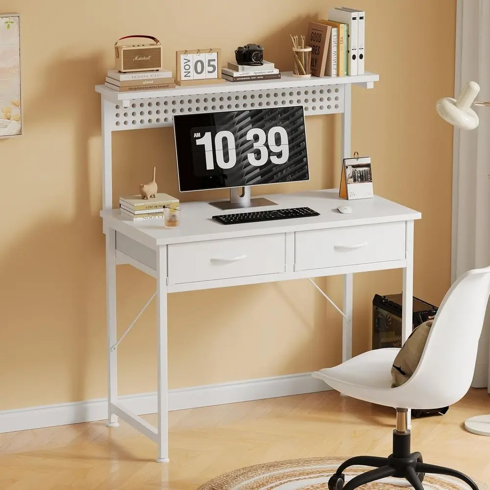 Small Desk with Drawers, 31 Inch Computer Desk with Power Outlet & LED Light, Gaming Desk with Adjustable Monitor Stand & Pegboa