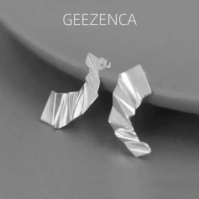 GEEZENCA 925 Sterling Silver 3D Folded Paper Asymmetry Earrings For Women Original Design Geometric Chic Stud Earring