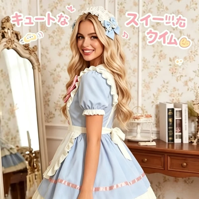 

Cat Cafe Cute OP Short Maid Lolita Dress With Apron Japanese Sweet Kawaii Ruffle Harajuku Casual Vintage Elegant Large Hem