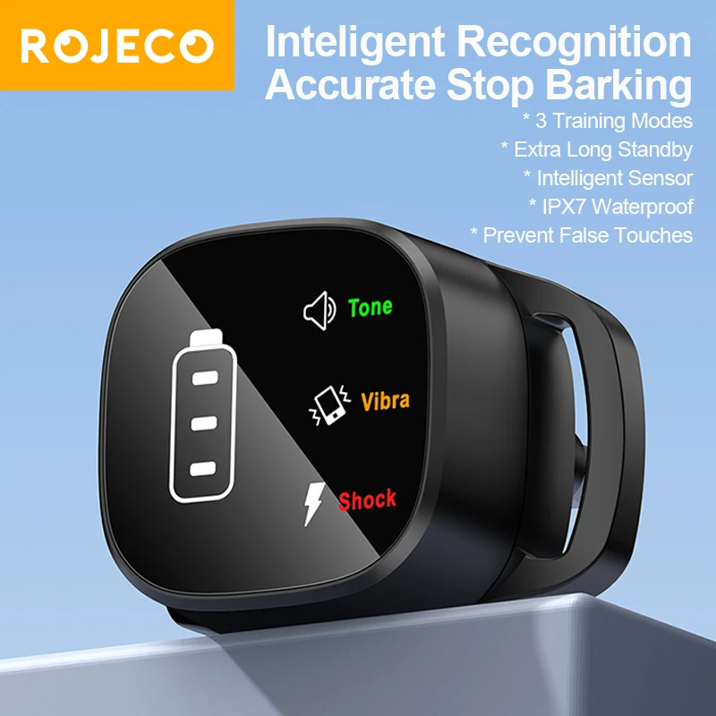 

ROJECO умный ошейник для дрессировки собак со светодиодным дисплеем, электрический ошейник против лая для собак, IPX7, водонепроницаемое устройство для остановки лая собаки