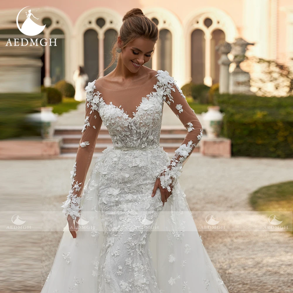 Suknie ślubne Aedmgh Syrena Dekolt V Długi Rękaw Vestido De Novia Koronkowe Kwiaty Odpinany Tren Sexy Szyte na Miarę Robe De Mariee