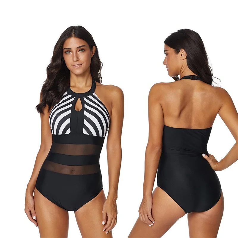 2024 Women One-piece Swimsuit Padded Plus Size Swimming Costume Female High Neck Solid Beachwear Mesh Swimwear S-4XL Monokini