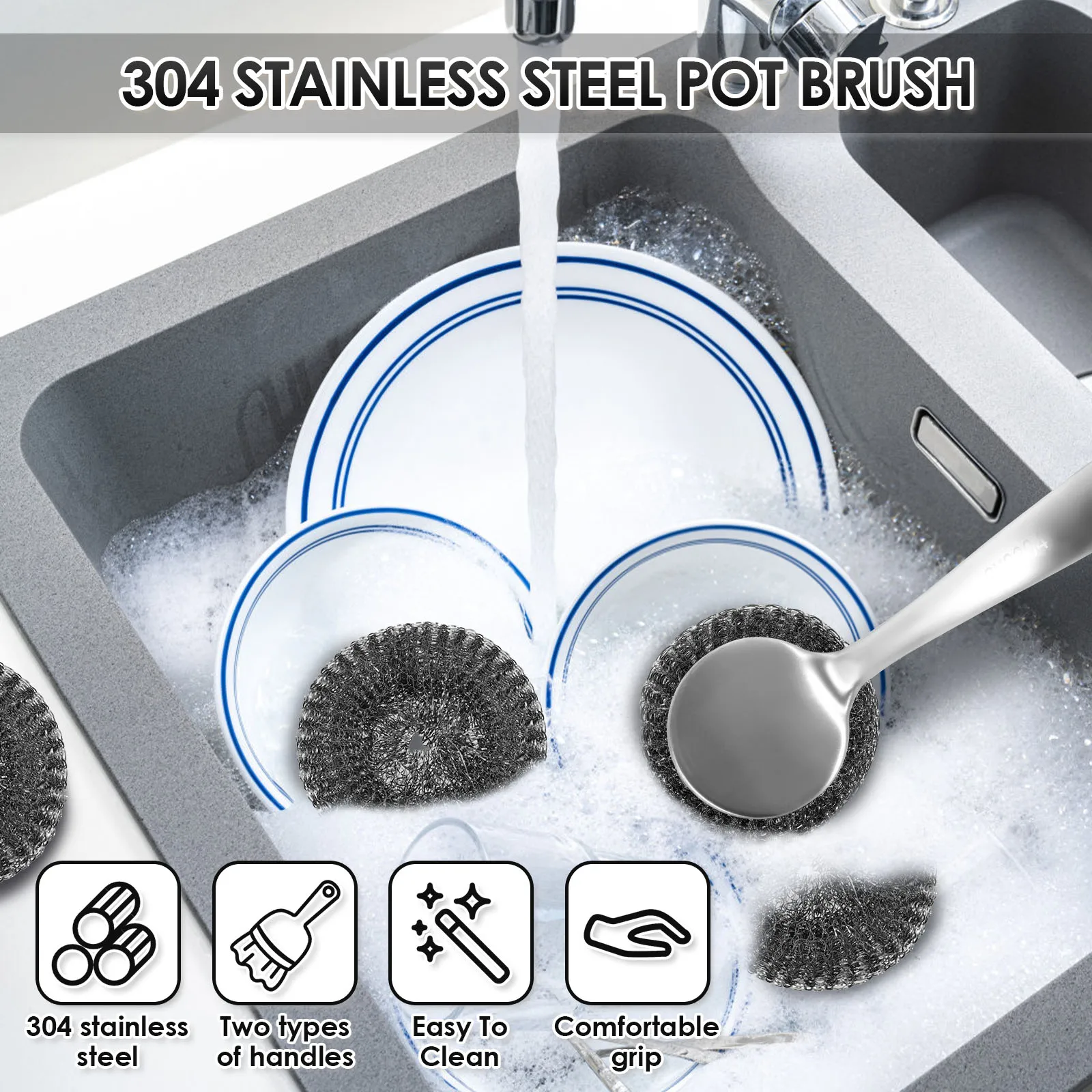 5/10Pcs Steel Wire Ball Pot Brush Long Handle Kitchen Dishes Scrubber Strong Decontamination Rust Removal Utensils Cleaning Tool