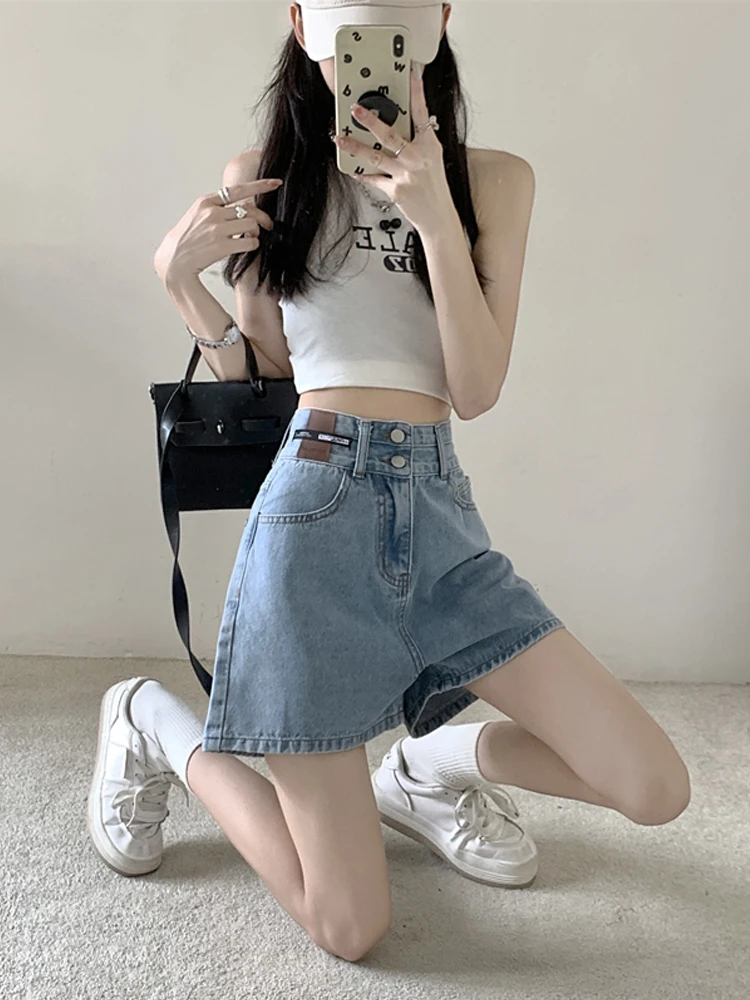 High Waist Denim orts Women's Thin New Autumn Large Size Fat MM Slim Small A-Line Wide Leg Hot Pants Summer Blue Color
