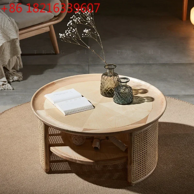 Solid Wood round Coffee Table Modern Minimalist Retro Rattan Tea Table Minimalist Living Room round Tea Table