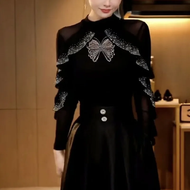 

Новая мода, модный сетчатый топ с рюшами и стразами, футболка с длинными рукавами, женская нижняя рубашка, танцевальный топ