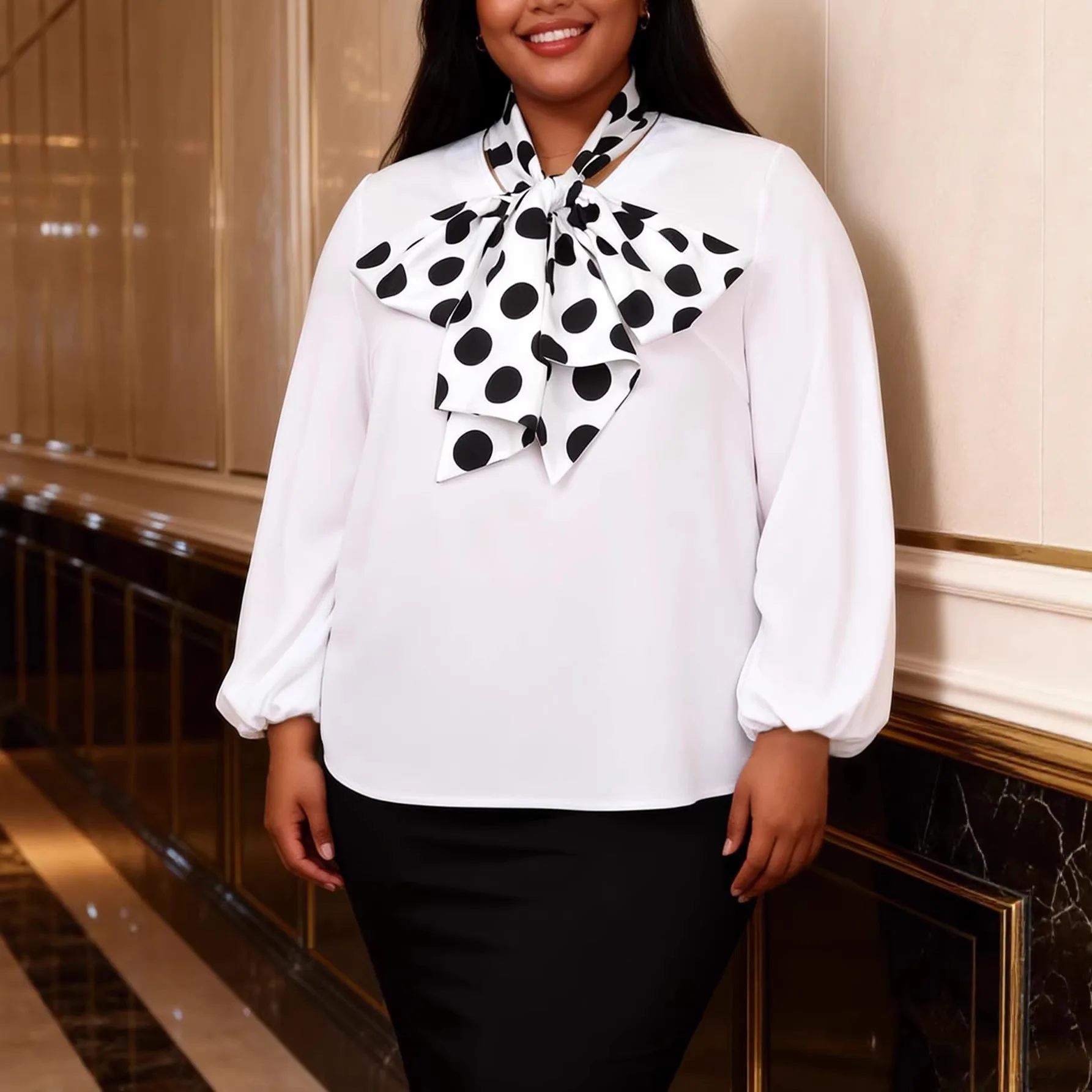 

Plus-size Women's Polka-dot Bow Collar Puff Sleeve Blouse, Elegant And Loose-fitting, Suitable For Commuting, Conceals Body Fat
