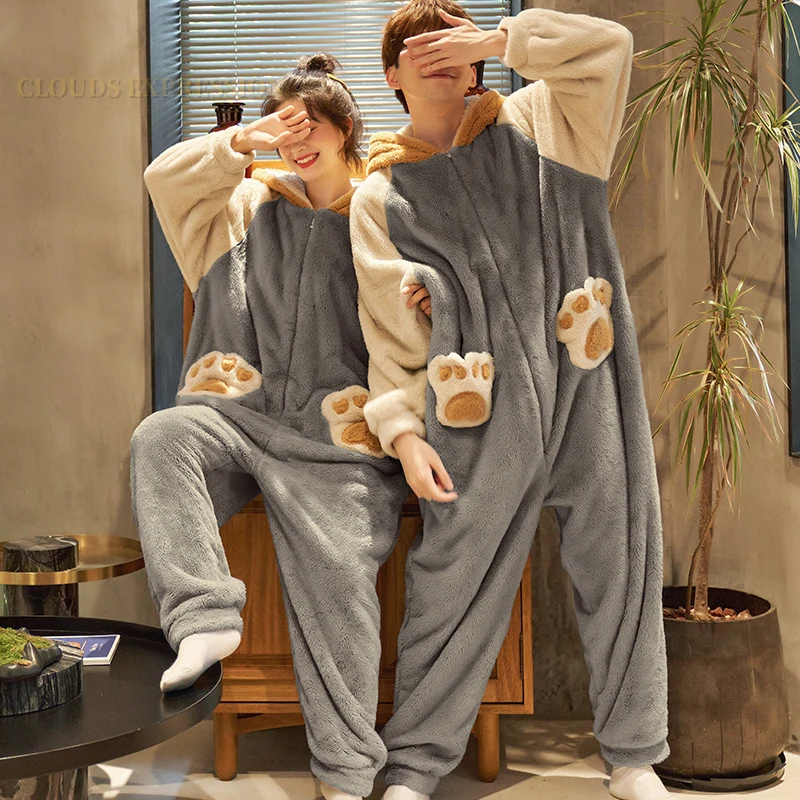 Winter Warm Flannel PJ Men\'s Jumpsuits Adult Onesie Pajamas for Couple Sleep Lounge Velvet Onesies for Mujer Wholesale Romper