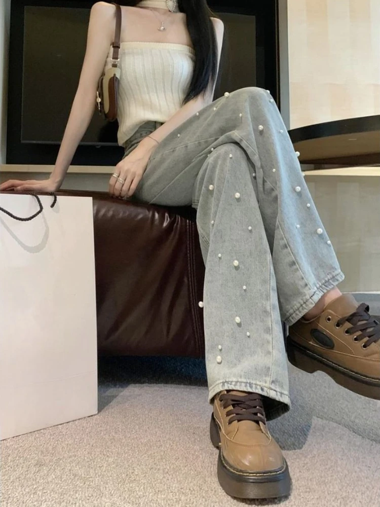 2026 Summer Trendy Women's Pearl Detailed Jeans with Relaxed High Waist Wide Bottom Slimming Maxi Length Drape for Casual Style