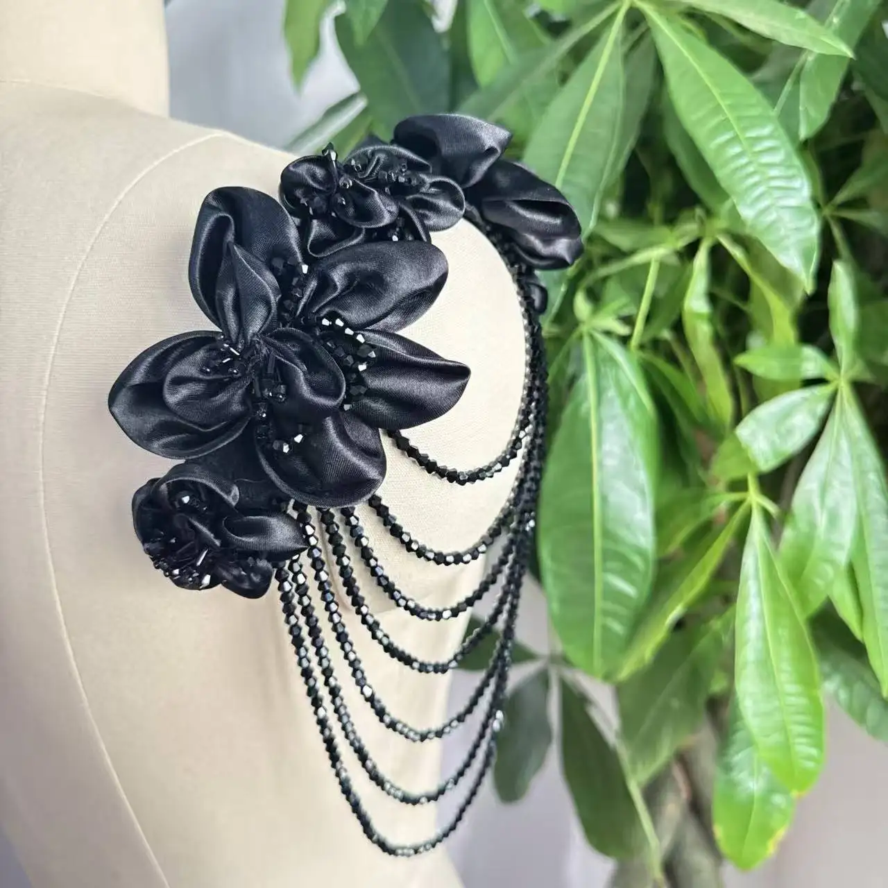 NEW Bead Applique High Quality Satin Pleated Handmade 3D  Flowers Tassel, Flash Crystal Tassel Chest Flower Shoulder Patch