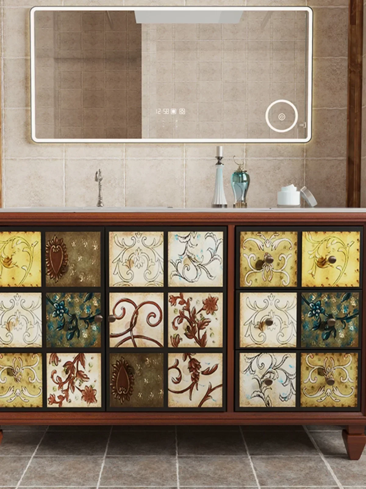 American bathroom cabinet light luxury hand wash cabinet retro bathroom oak wash basin cabinet integrated villa high-end floor t