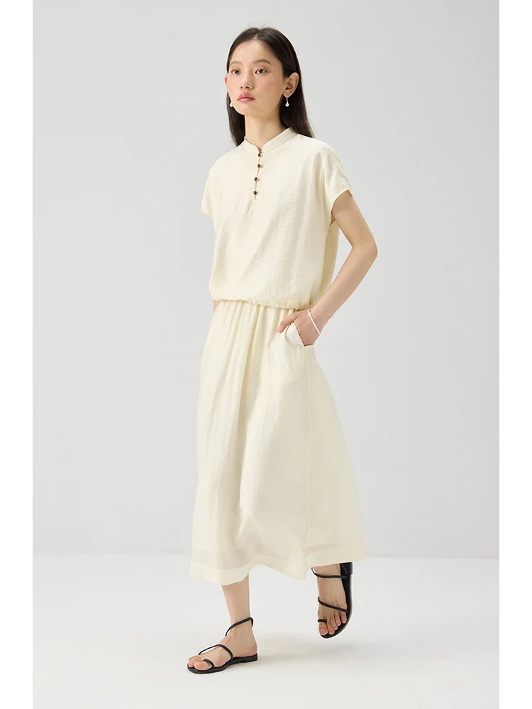 ZIQIAO Women Summer Sets Stand Collar Chinese Style Short Sleeve Blouse+Long Skirts Set Elastic Waist Skirt 24ZQ92410+24ZQ92409