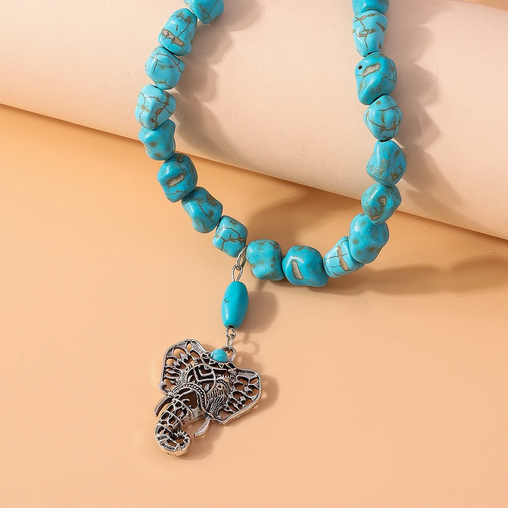 Aihua Böhmen Türkis Stein Elefant Halskette für Frauen Halsband Collier Vintage Ethnische Tibetische Silber Halsketten Schmuck – Detail 2