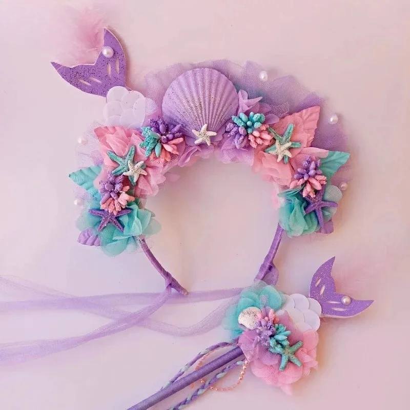 Diadema de Sirena Morada DSN con Lentejuelas, Varita de Hada Princesa, Accesorios de Disfraz para Niñas
