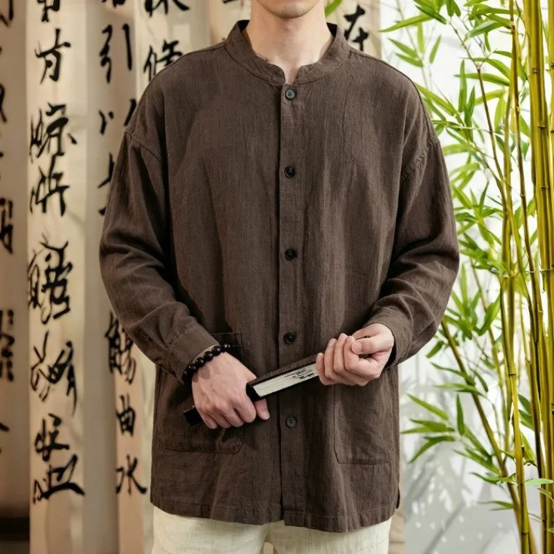 Men Chinese Style Stand Collar Loose Linen Shirt Long Sleeve Solid Color Casual Top Spring Summer Daily Wear
