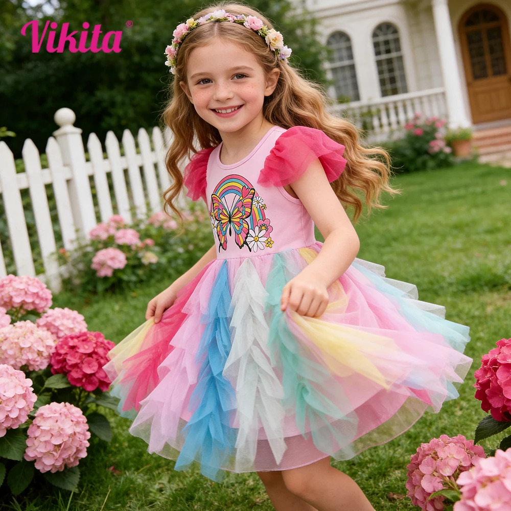 VIKITA Girls Colorful Rainbow Flutter Sleeves Summer Dress Kids Butterfly Flower Print Layered Tulle Mesh Princess Tutu Vestidos