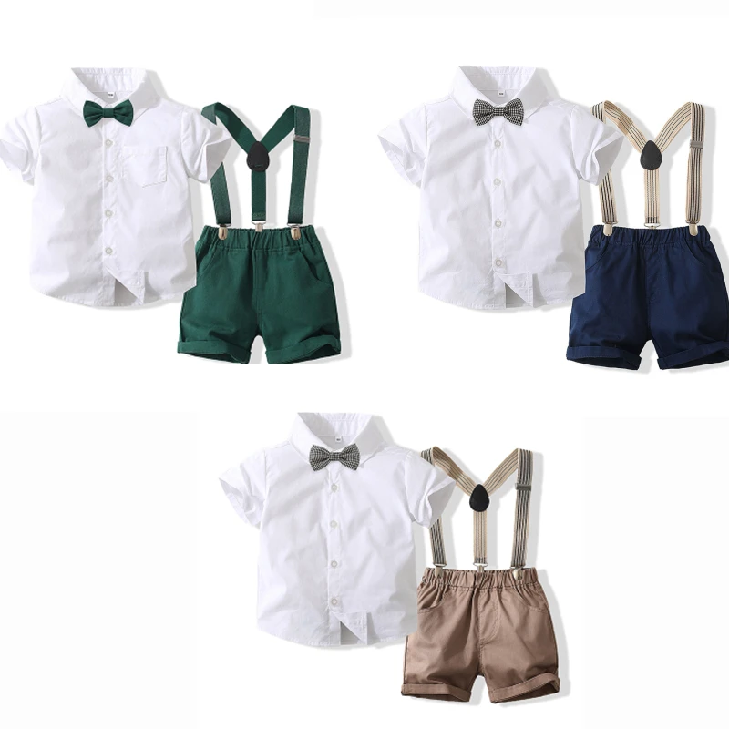 SUNSIOM 2Pcs Baby Boys Gentleman Outfits Kids Summer Clothes Short Sleeve Button Down Shirt + Soild Color Suspender Shorts Set