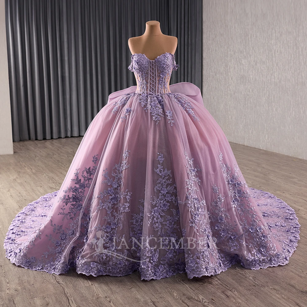 Customized Glitter Purple Quinceanera Dress Cap Sleeve Ball Gown Sequins Applique Beaded Bow Sweet 16 Vestido De 15 Anos