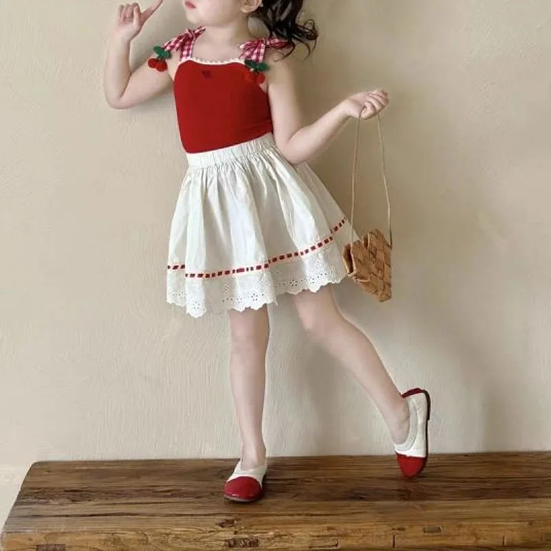 

Sweet Cute Summer New Girls Sling Contrast Color Spliced Bow Sleeveless Slim Elastic Hollow Out Bright Line Decoration Skirt Set