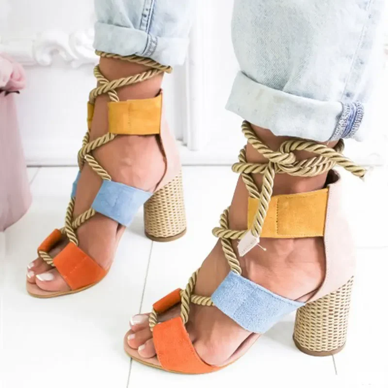 High Heels Women Sandals Hemp Rope Lace Up Summer Shoes Woman Fish Mouth Gladiator Sandals Ladies Pumps Orange Big Size 43