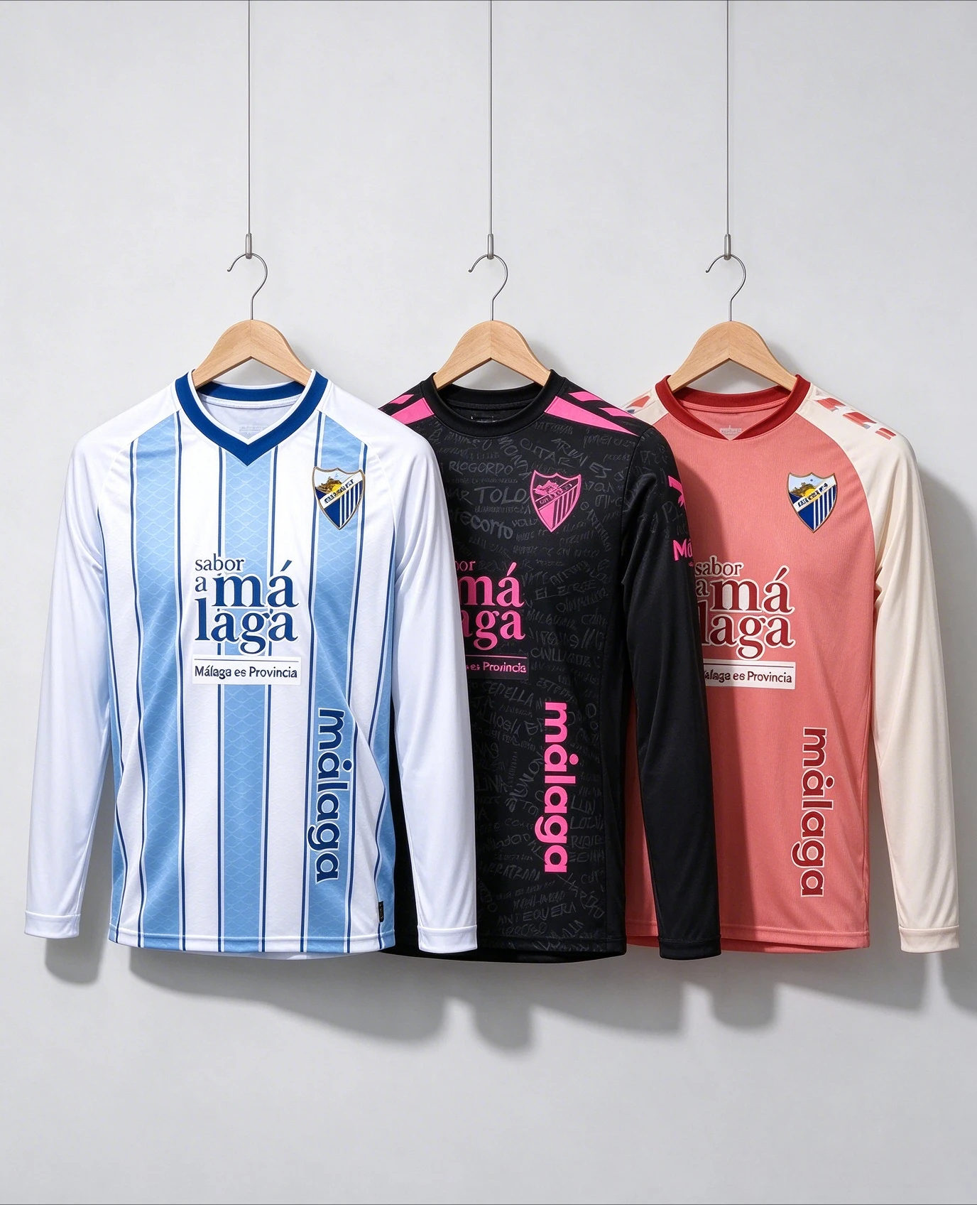 Malaga CF Long Sleeve Football Jersey 3 Colors Optional, Unisex Soccer Shirt Quick Dry Breathable Sports Top Men Women Fans