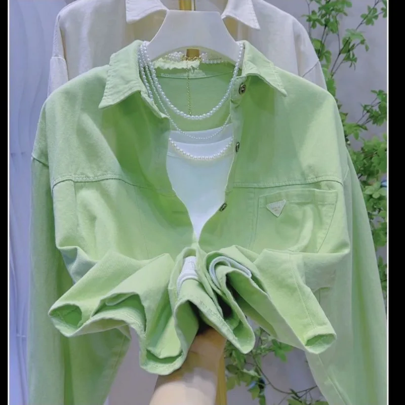 Women's Cropped Polo Shirt in Candy Colors, Sweet Korean Style Oversized Blouse for Spring and Fall.