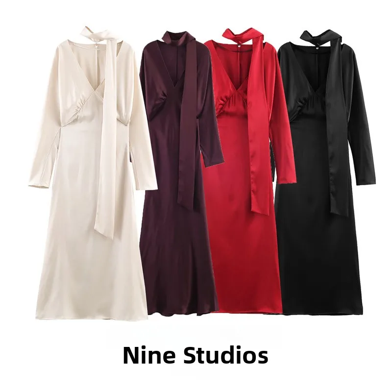 

Sexy Trendy Girl Scarf Decorated V-ne Silk Satin Feel Slim Fit Dr 9973789 Straight Tube Long Sve Ci Commute Dr