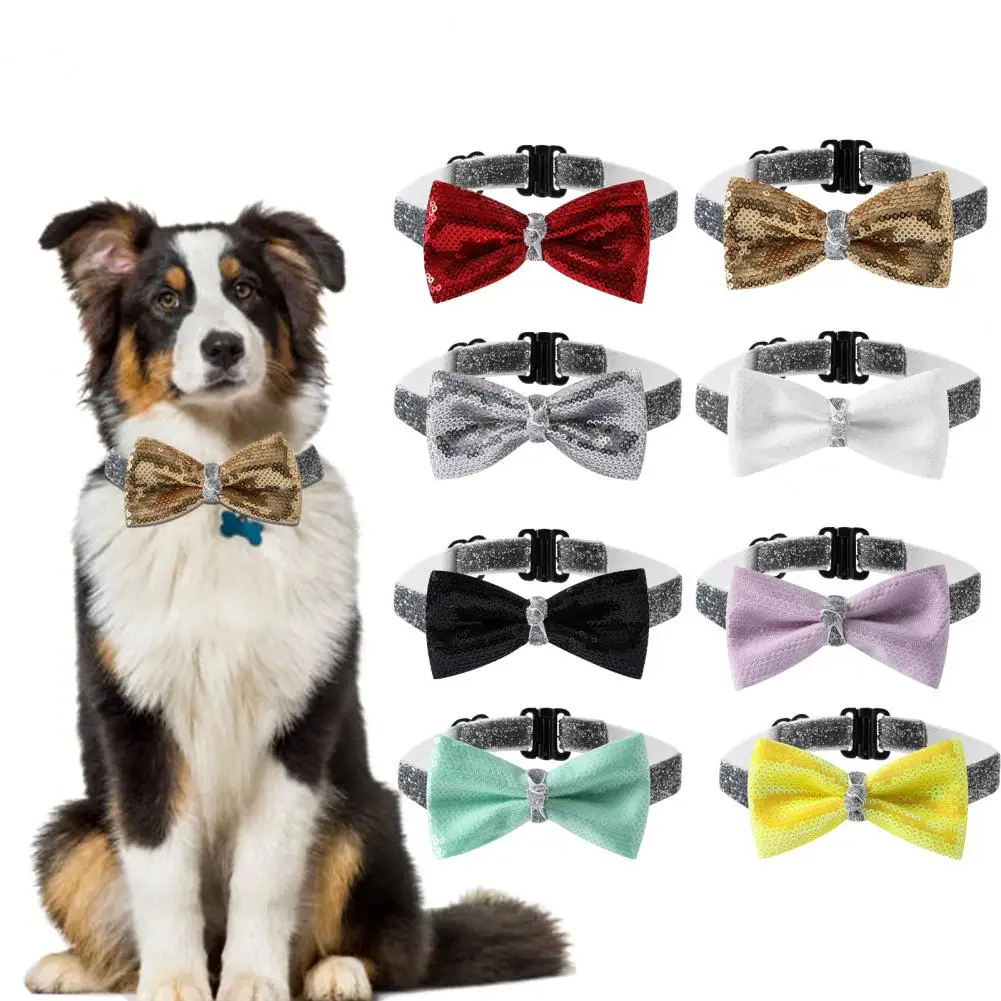 Pet Neck Strap  Long Lasting   Pet Bow Tie Shining Sequins Style Pet Dog Cat Collar Decor