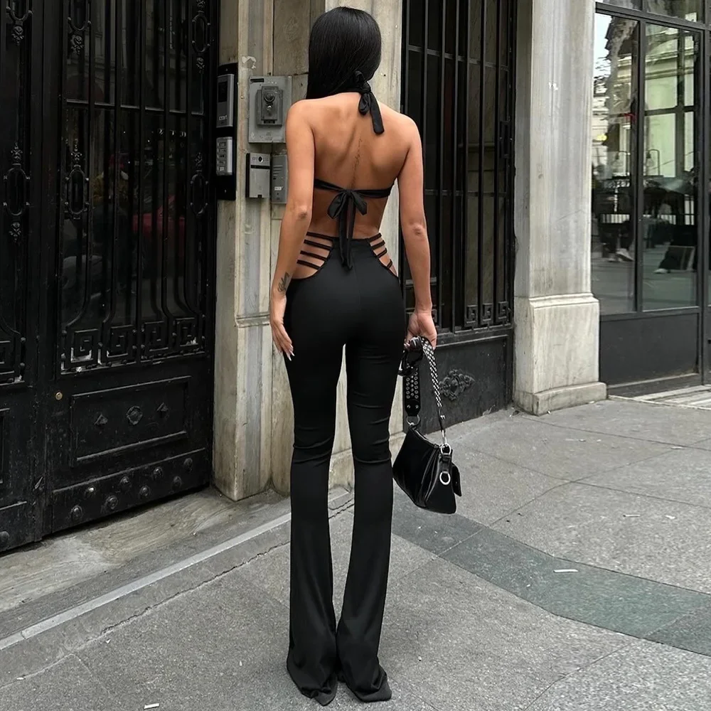 DSMTRC 2025 Sexy Black Jumpsuits Fashion Rivet Cut Out Flared Leg Playsuits Women's Summer Club Halter Backless Bandage Rompers