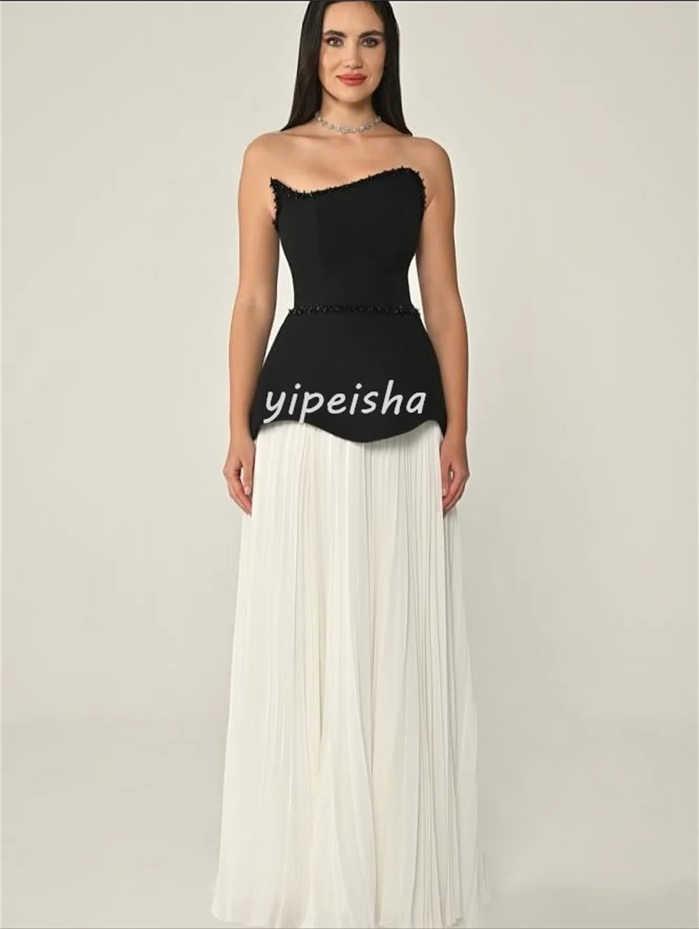 Customized Fashion Matching Jersey Rhinestone Pleat Draped A-line Strapless Long Dresses Bespoke Occasion Dresses Chinese Style