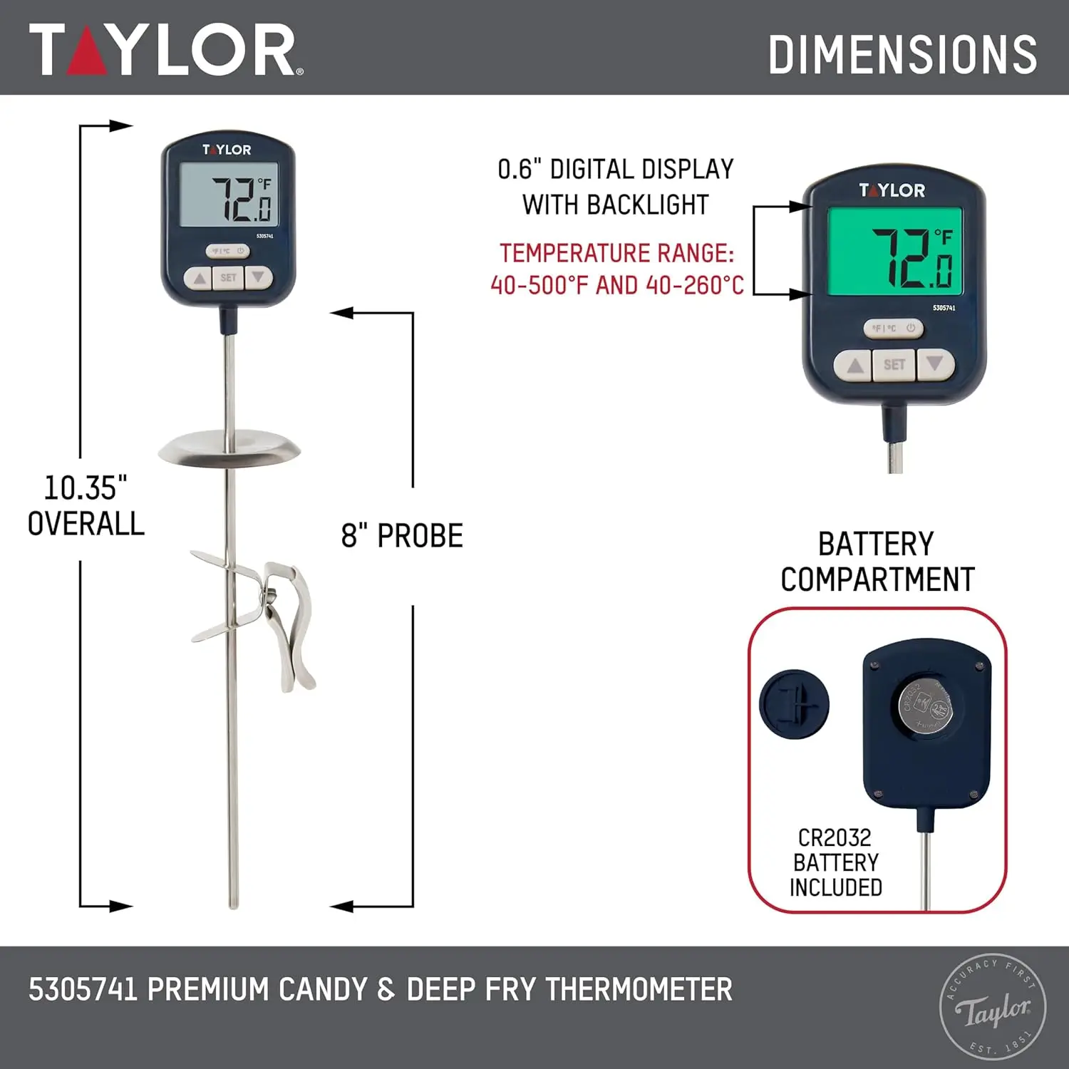 High Heat Resistant Digital Candy Thermometer with Clip, Heat Shield, Backlit Display, Includes Battery, Navy
