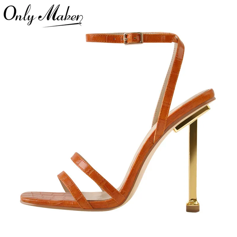 onlymaker-women's-summer-sandals-orange-criss-cross-metal-high-heel-stone-texture-stilettos-ankle-strap-golden-buckle-big-size