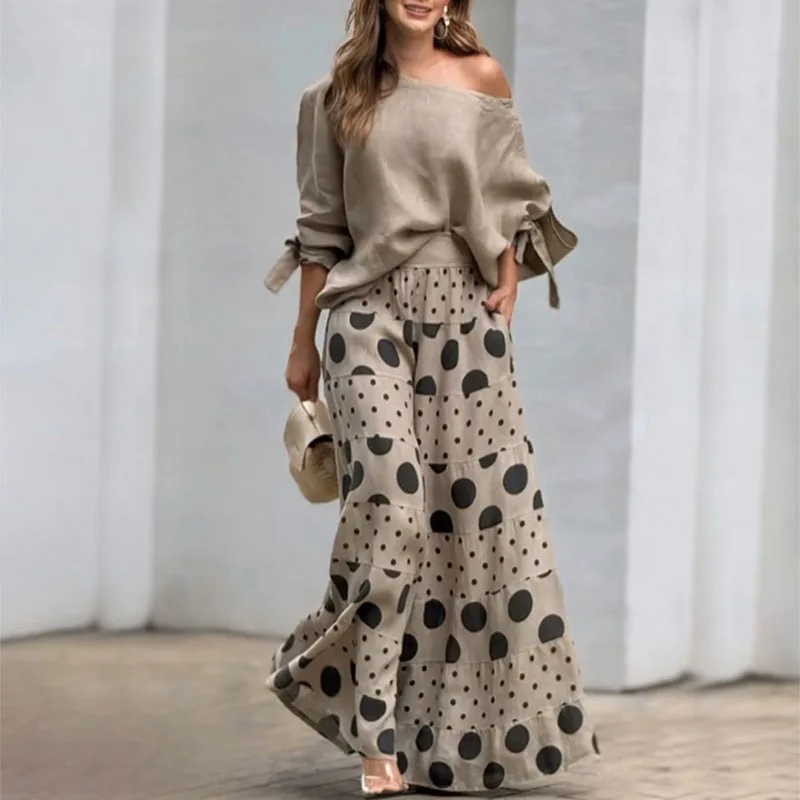 Elegant Women\'s Casual Off Shoulder Long Sleeved Lace Up Loose Shirt With Fashionable Polka Dot Print Long Skirt 2-piece Set