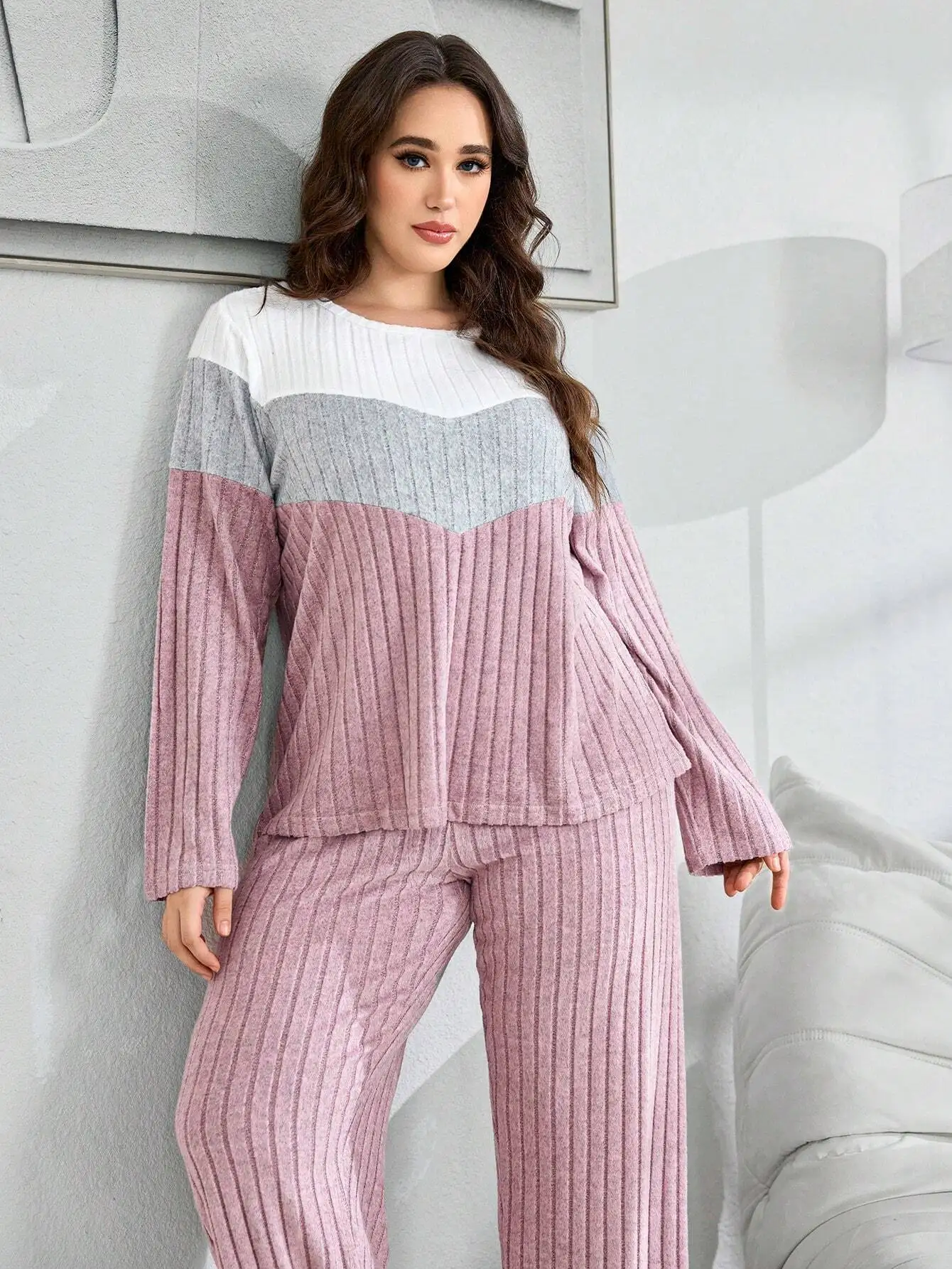 

Plus Size Women Knitted Patchwork Loose Pajama Set Cozy Lounge Wear Fall Winter
