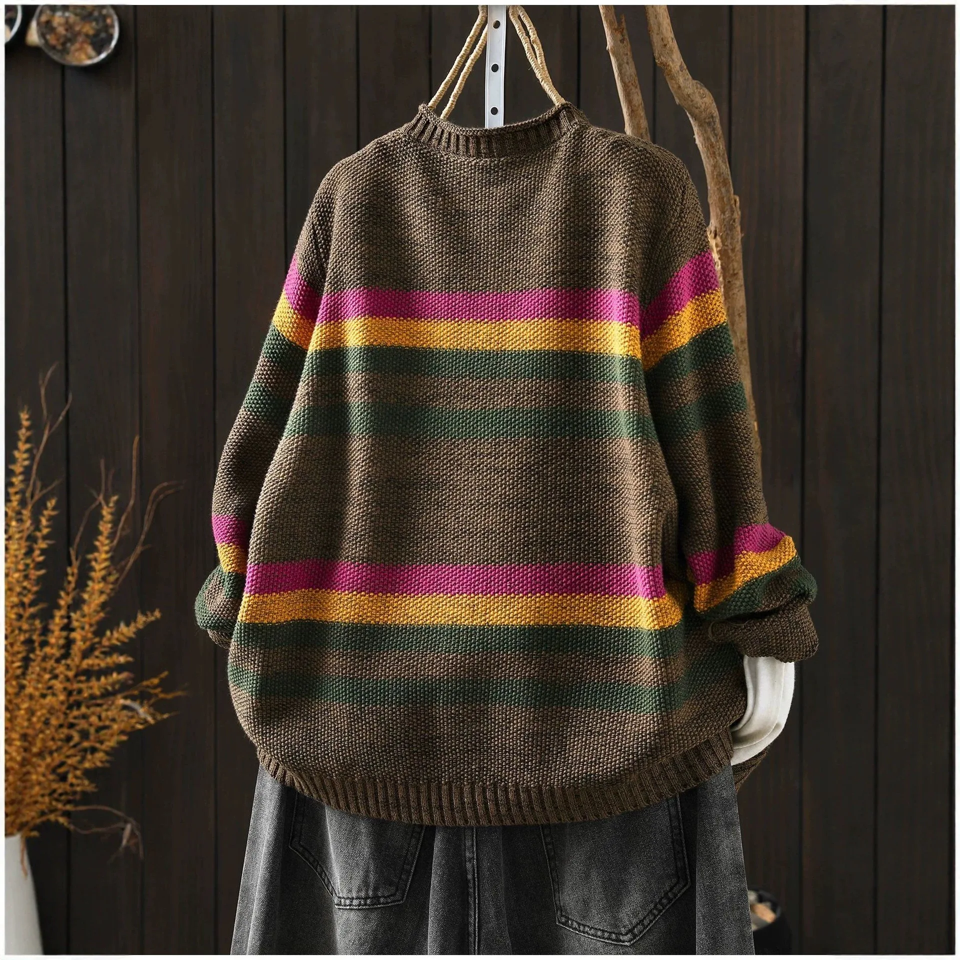 Retro Striped Cardigan for Women Casual Button Down Knit Sweater Coat Lightweight Cotton Outerwear Early Autumn