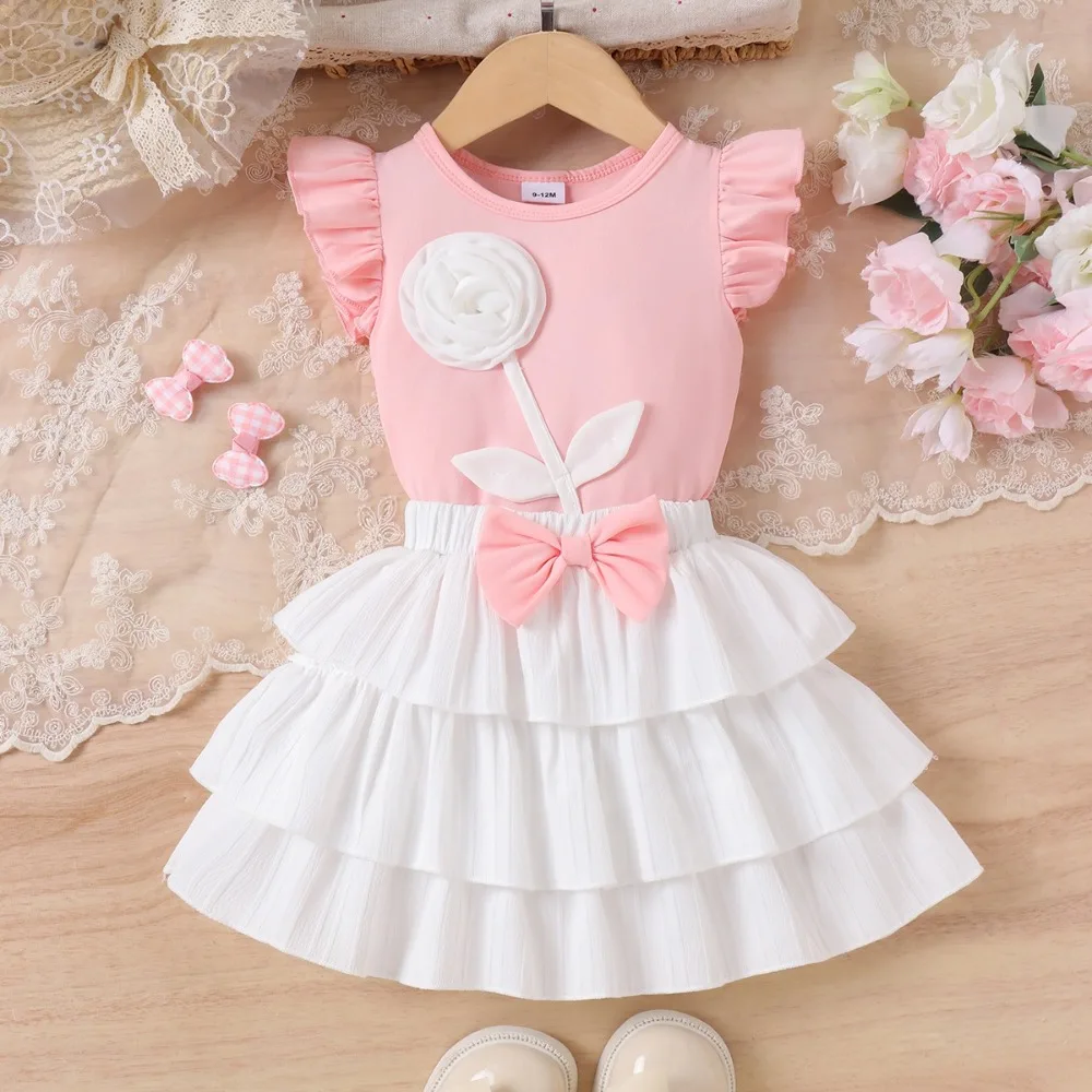 New Arrival Toddler Girl Pink White Matching Suit, Stereo Flower Fly Sleeve Blouse With Short Skirt, Children Daily Wear
