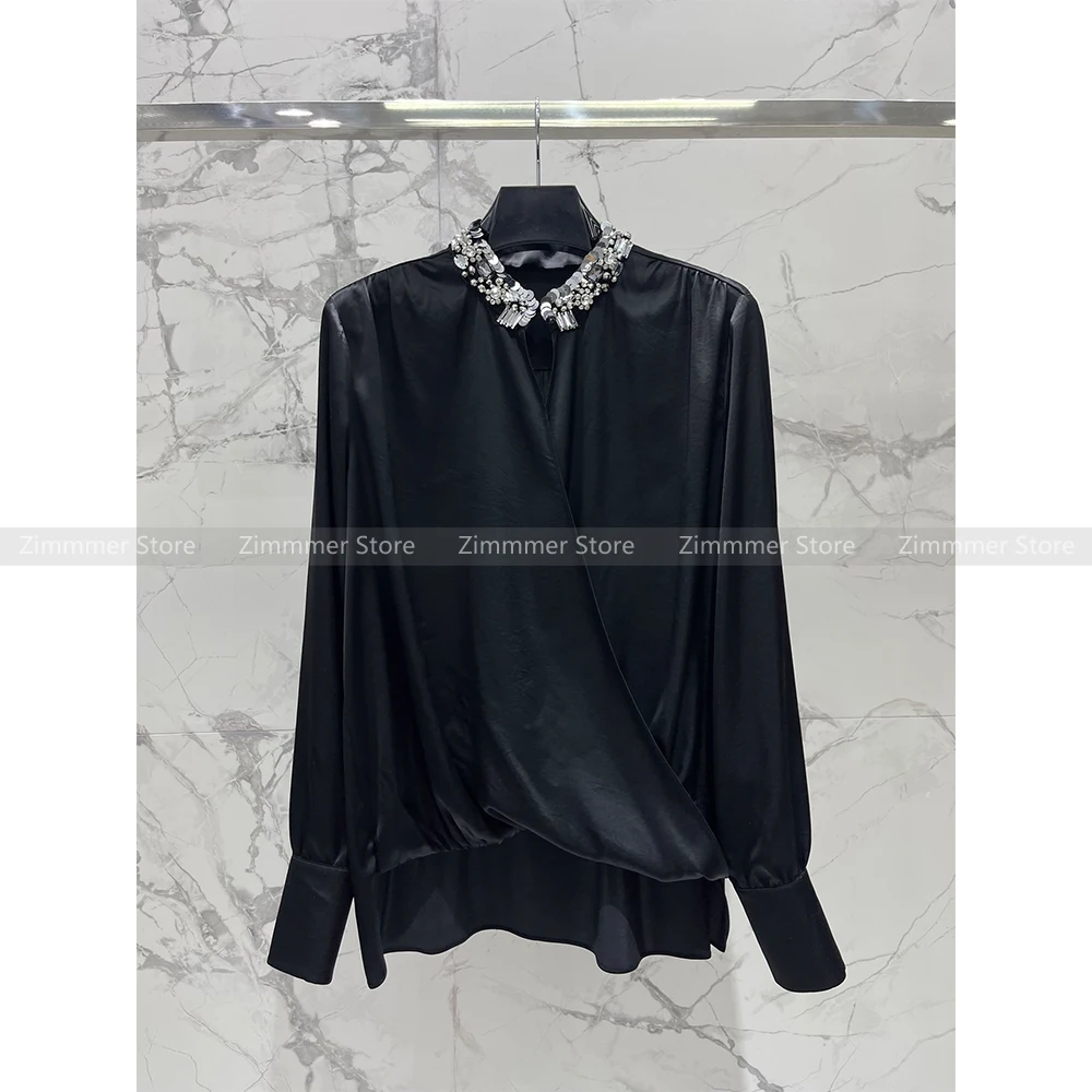 2024 Early spring new heavy industry sequins nail drill temperament irregular design three acetate loose shirt female