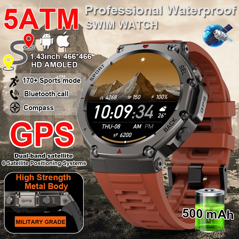 

New HD AMOLED Smart Watch Men Bulit-in GPS Compass Altimeter Barometric 5ATM IP69K Waterproof Bluetooth Call Military Smartwatch