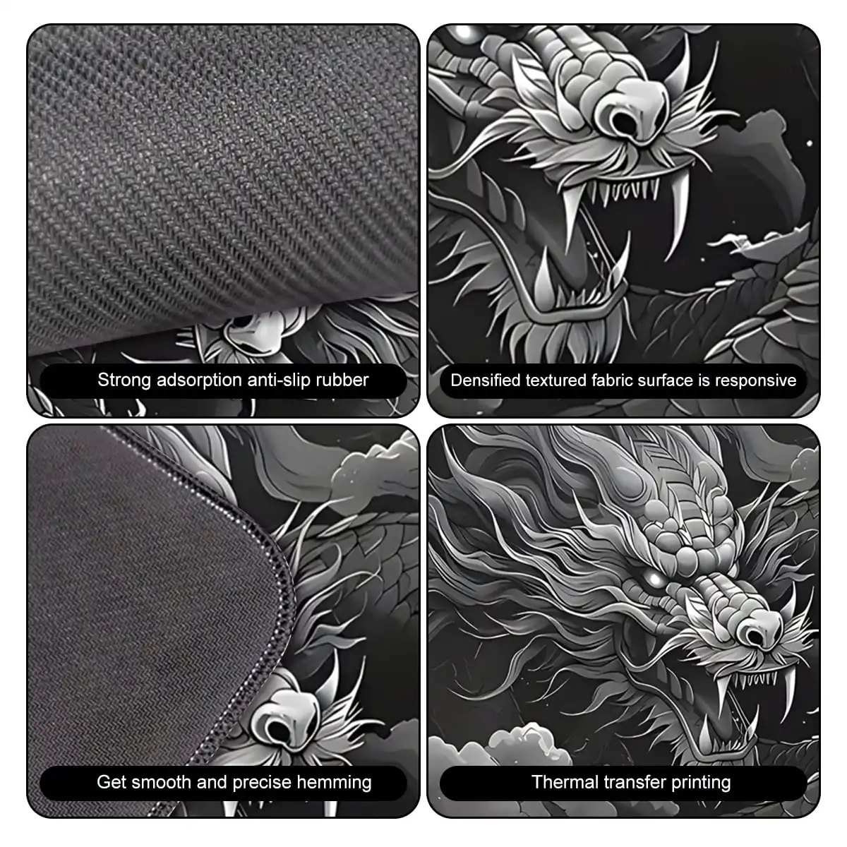 1pc Black White Chinese Dragon Design Gaming Mouse Pad Multi-Size Non-Slip Stitched Edge Computer Keyboard Desk Mat For Office