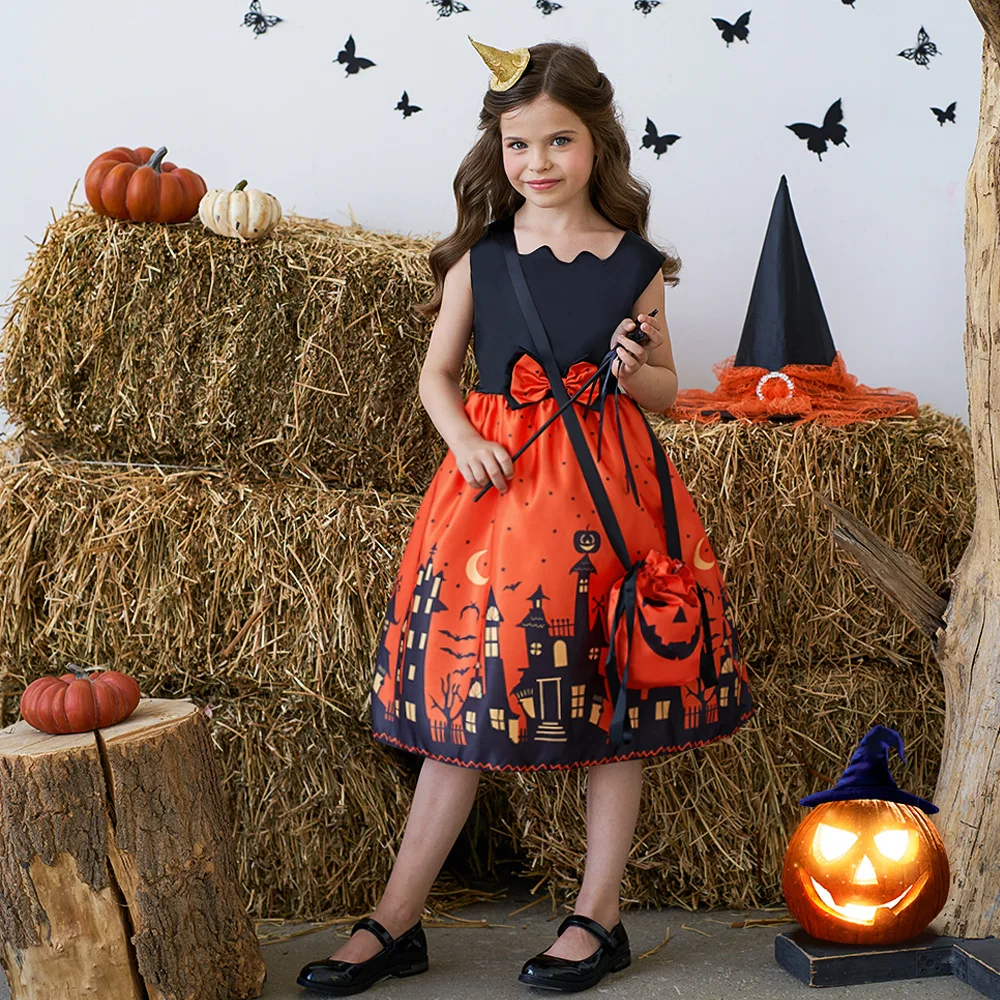 Halloween Black Costume For Kids Girls Pumpkin Vampire Printed Cosplay Carnival Party Princess Dress Children Girl Fancy Dresses