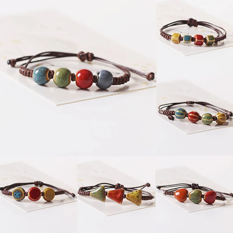 Casual Ethnic Style Fashion Ceramic Beaded Dainty Bracelets For Women Bangle Adjustable Handmade Ceramic Beads Wax Rope Bracelet