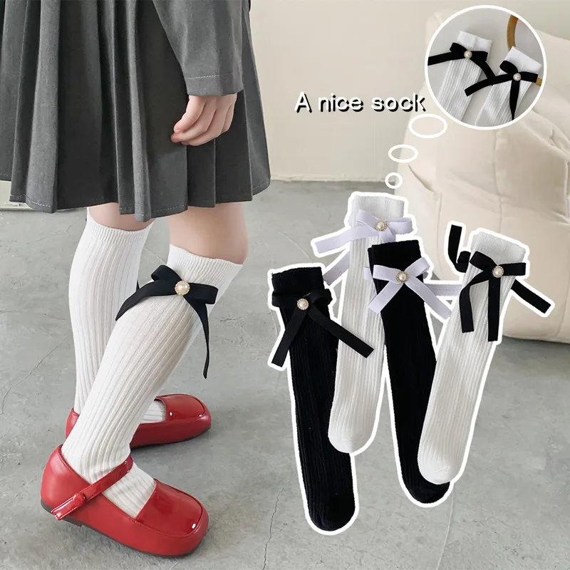 2-12year Princess Girl Stockings Sweet Ribbon Bow Kids Long Socks Black White Color Children Leg Sock Soft Cotton Baby Footwear